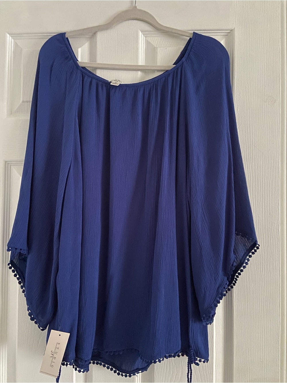 Studio Royal Blue Pom-Pom Hem Peasant Blouse
